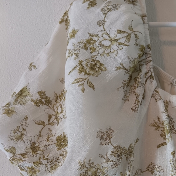 Blu Pepper Modest Square Neck Puff Sleeve White Green Toile Floral Mini Dress L - Picture 9 of 13